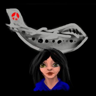 Digital sketch of a dream by Wayan, 'Hijack: the Christmas Special': a child in front of a jumbo jet.