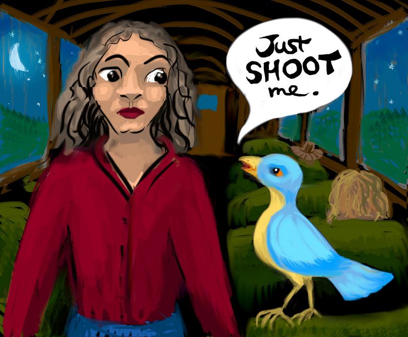 A bird on a train wants me to kill it. I won't. Dream sketch by Wayan. Click to enlarge.