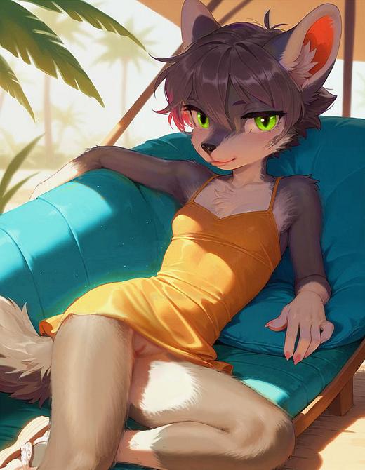 Catgirl in yellow-orange minidress. Dream image by Wayan based on an AI pic prompted by Smiley7pixel at Deviantart (no. 6596 I think). Click to enlarge.