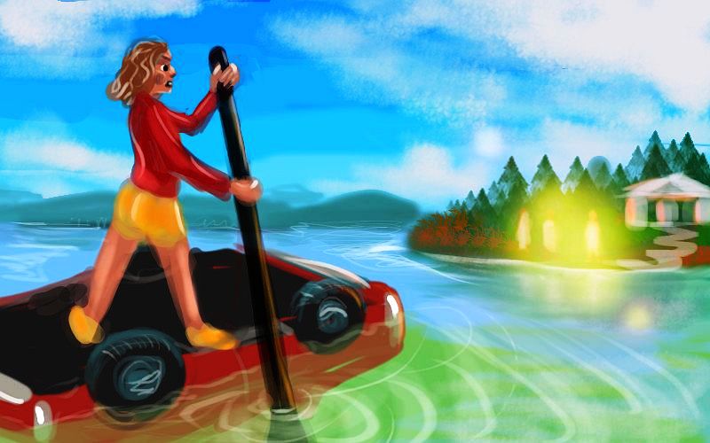 I raft toward the islet of the gods, on an overturned car; sketch of a dream by Wayan.