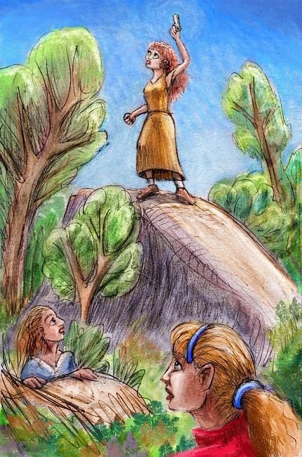 Girl in yellow gown waves a gun atop a rock in brush; sisters look on. Dream sketch by Wayan. Click to enlarge.