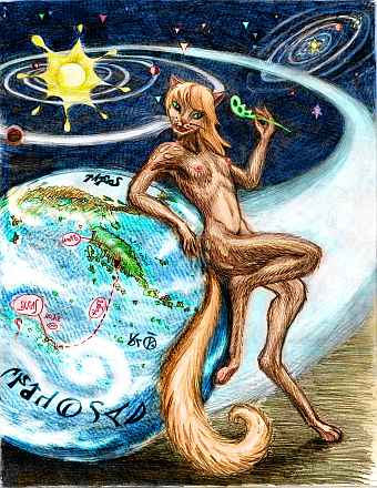 A woman with lemur ancestry toying with a leaf and leaning on a large globe (mostly ocean)