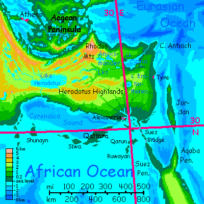 Map of eastern Medimarea, a complex of peninsulas & islands corresponding to our Mediterranean, on Inversia, where up is down is up.