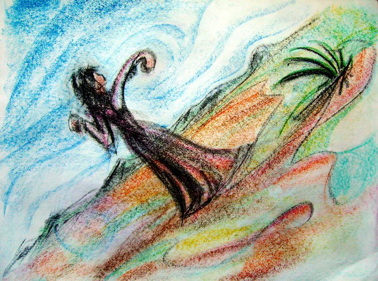 Angry Greek witch; crayon sketch of dream by Wayan. Click to enlarge