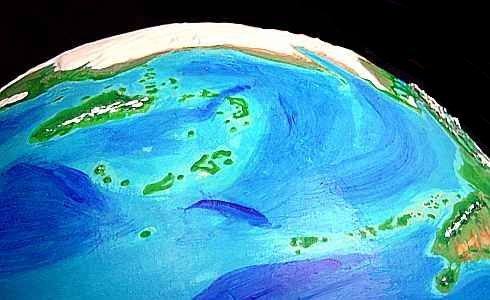 Orbital photo of cool-temperate islands--Madagascar, the Seychelles, Reunion and Mauritius--in the Indian Ocean, on an alternate Earth called Jaredia