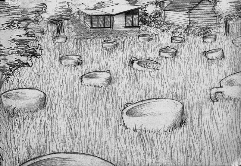 Huge half-buried coffee cups in a back yard. Dream sketch by Jim Shaw. Click to enlarge.