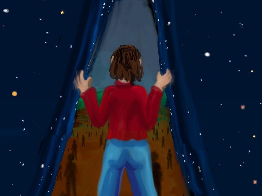 I pull back a curtain of stars to reveal a drab afterworld. Dream sketch by Wayan. Click to enlarge.