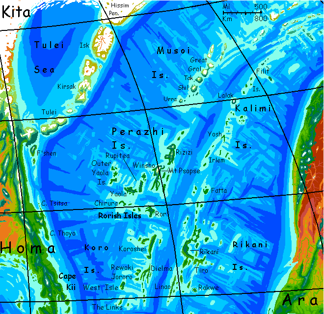 Map of the northern Artaho Islands, twin chains between Homa (left) and Ara (right), desert continents on Kakalea, an unlucky Earthlike world full of Australias.