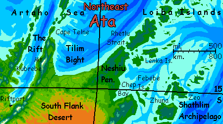 map of green tropical capes and islands: far east Ata, on Kakalea, an unlucky Earthlike world: blue seas, red dry continents.