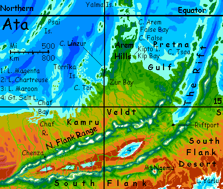 map of northeast Ata, a savanna region cut by an obvious rift zone, on Kakalea, an unlucky Earthlike world: blue seas, red dry continents.