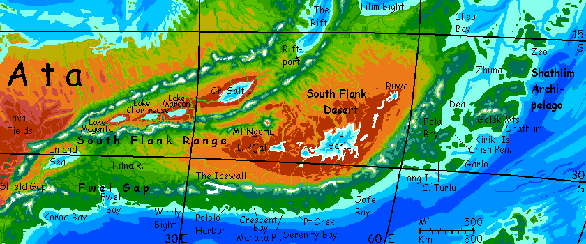 map of green coast, inland desert with saltlakes: southeast Ata, on Kakalea, an unlucky Earthlike world: blue seas, red dry continents.