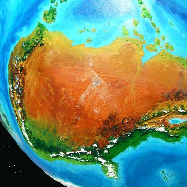 orbital shot of the mountains and deserts of of West Ata, a subcontinent on Kakalea, a model of an Earthlike world full of dry continents.