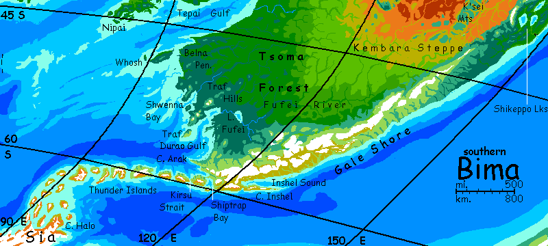 Map of southern Bima, a large continent on Kakalea, a model of an Earthlike world full of Australias.