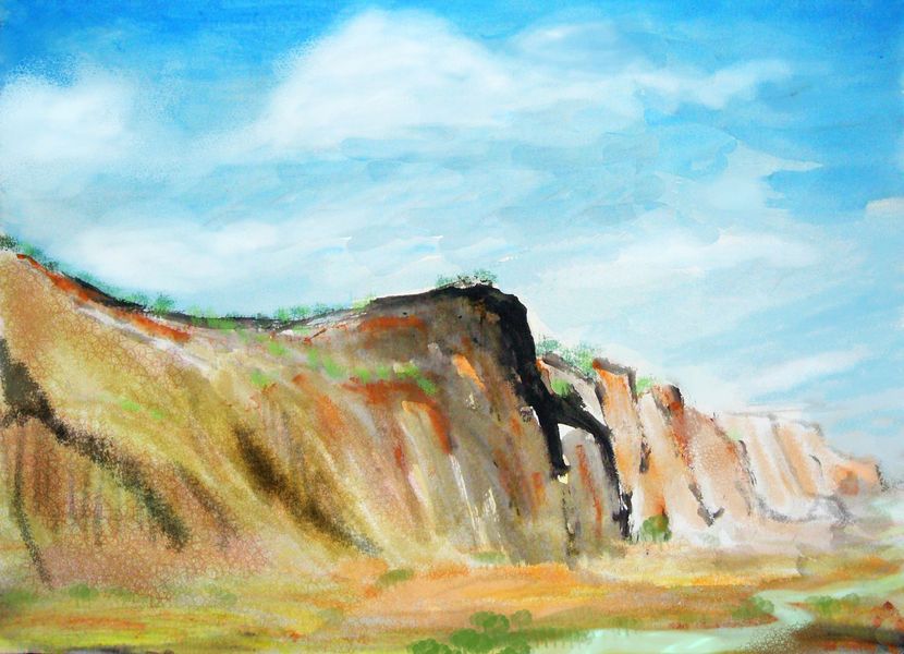 Irkup Scarp, eastern Fika, a continent on Kakalea. Acrylic by Wayan. Click to enlarge.