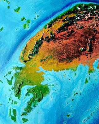 Orbital shot of the west coast of Fika, a small dry continent on Kakalea, a model of an Earthlike world full of Australias. Click to enlarge.