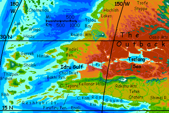 Map of the western deserts and salt lakes of Iba, a continent on Kakalea, an unlucky Earthlike world: blue seas, red dry continents.