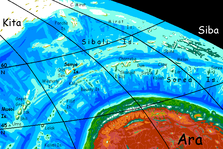 Map of the Sibali & Sorea Islands west of Siba, on Kakalea, a model of an Earthlike world full of Australias.