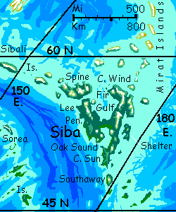 Map of dark-forested Siba in the Kiara Ocean of northern Kakalea, a model of an Earthlike world full of Australias.