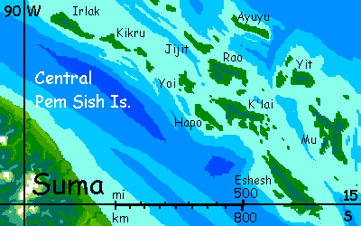 Map of the central Pem Sish Islands on Kakalea, an unlucky Earthlike world: dry continents.