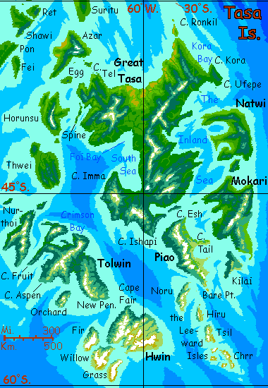 Map of the southern and central Tasa Archipelago, about the size of Indonesia, on Kakalea, a model of an Earthlike world full of Australias.