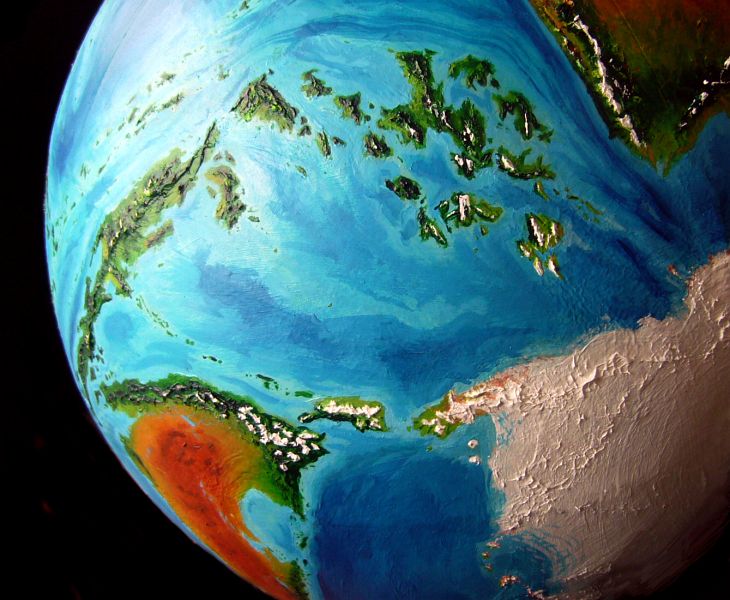 High orbital photo of Tua and Sia (much like Australia and Antarctica) and the Suma and Tasa Archipelagos linking them, on Kakalea, a model of an Earthlike world full of Australias. Click to enlarge.