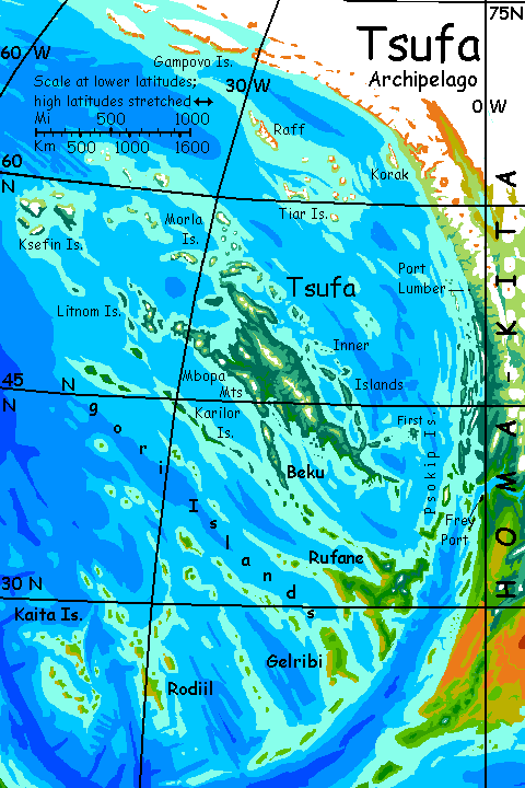 Map of Tsufa, a rare temperate archipelago on Kakalea, an unlucky Earthlike world: blue seas, red dry continents.