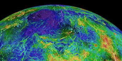 Colorcoded radar scan (high=red, low=blue) of ridges north of Aphrodite on Venus