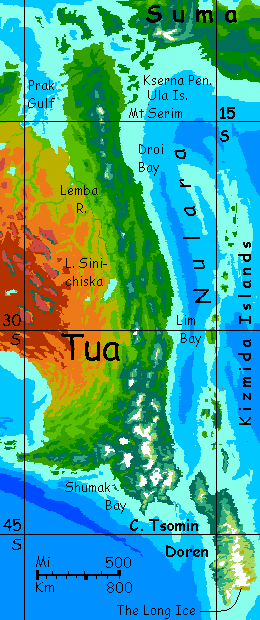 Map of eastern Tua, a small southern continent resembling Australia, on Kakalea, a model of an Earthlike world with dry continents.