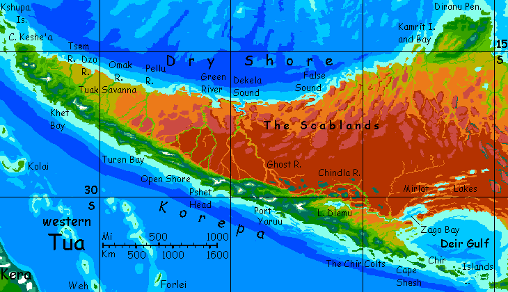 Map of western Tua, a continent resembling a wider Australia, on Kakalea, a model of an Earthlike world full of Australias.