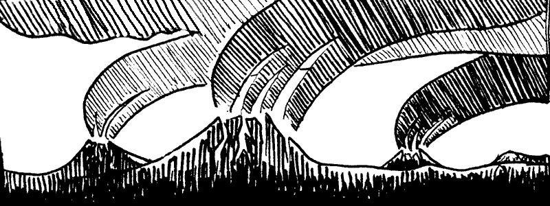 Sketch of a string of volcanic cones in central Tua, a continent resembling a wider Australia, on Kakalea, a model of an Earthlike world full of Australias.