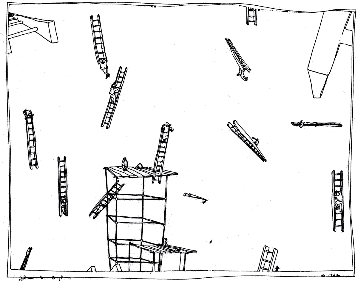 People ride flying ladders. Dream sketch by John Dykes