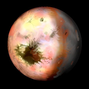 Deepspace photo of Hermes, a sunbaked world. Dayside: shallow molten-sulfur sea.