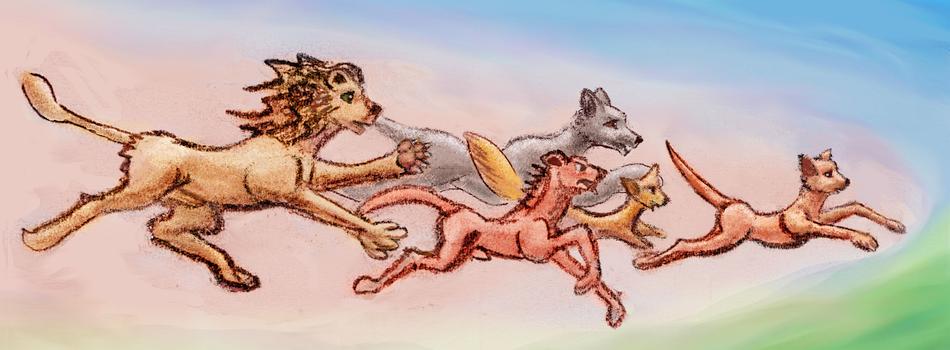 A diverse pack of hunters led by a hound. Dream sketch by Wayan. Click to enlarge.