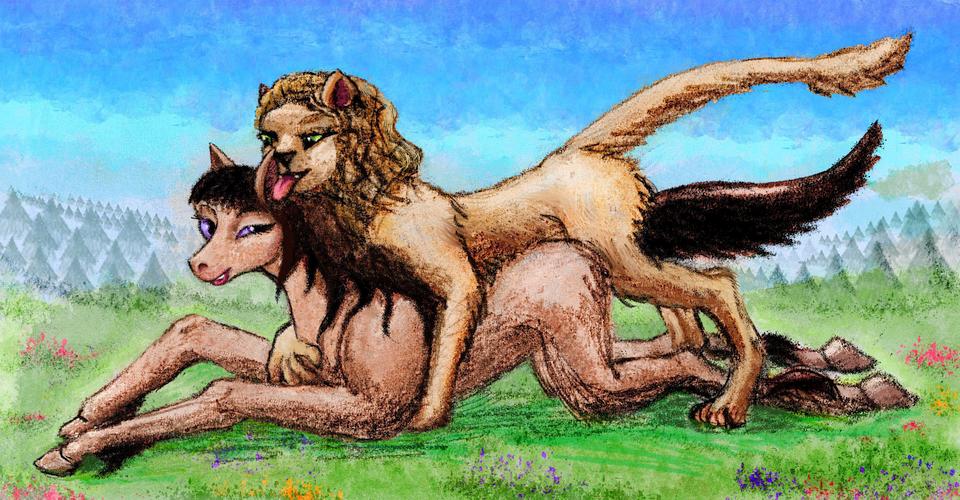 Lion and sentient mare make love. Dream sketch by Wayan. Click to enlarge.