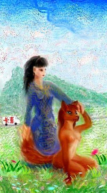 Chinese fox-maidens, one in human form, one in transition.