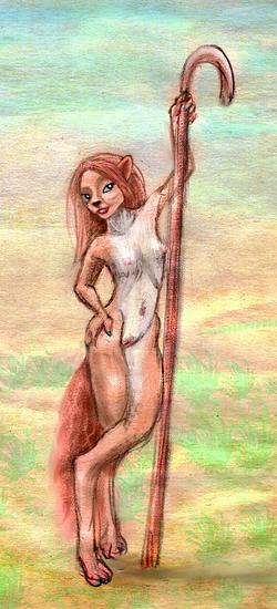 Sketch seen in a dream, of a tailed, shaggy shepherdess leaning on her staff. Her species is called krelkins. Click to enlarge.