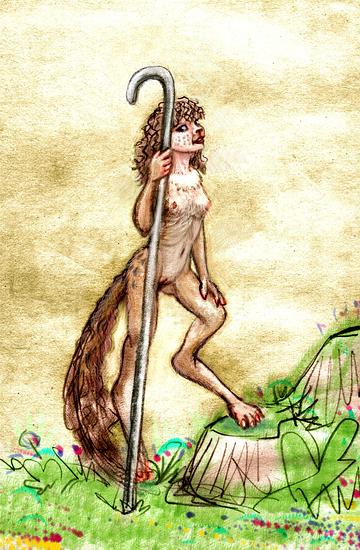 Sketch seen in a dream, of a tailed, shaggy shepherdess leaning on her staff. Her species is called krelkins. Click to enlarge.