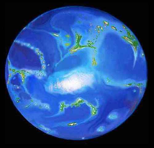Orbital photo of Lyr, an experimental world-model, over twice Earth's diameter, six times Earth's air pressure, and 15 times Earth's water. 95% of the surface is sea, 5% land.