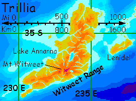 Map of Trillia, northeast of the continent of Ak'hai'i on Lyr, a world-building experiment.