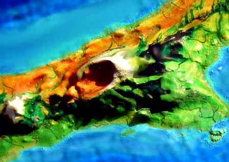 Orbital photo near sunset of the caldera of Su-Iss, like a scaled-up Haleakala, on the island of Ya-Kela on Lyr, a model of a huge sea-world.