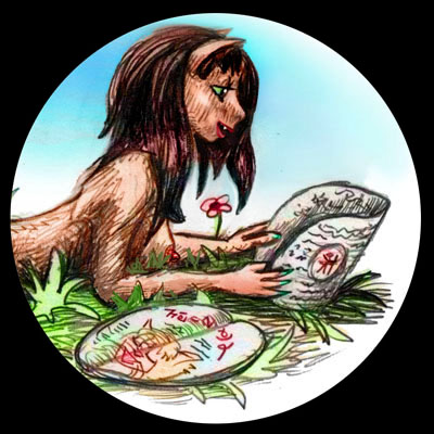 An alien woman in a meadow reading a circular book. Click to enlarge.