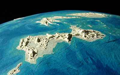 Relief model of Lyr, a wet world-model with 7 Earth masses. Shown: Roland Group from low orbit. Unpainted; bare relief.