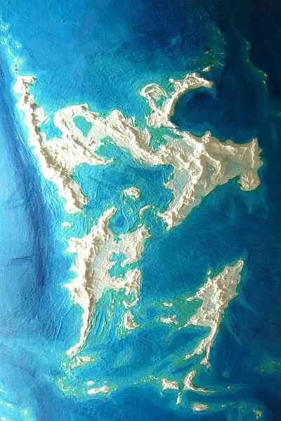 Relief model of Lyr, a wet world-model with 7 Earth masses. Shown: high orbital view of the Diomedes Cluster, with the Delp Range on the left, the Drakho Sea in the middle, and the low Hark Basin on the right. Seas blue, land white.