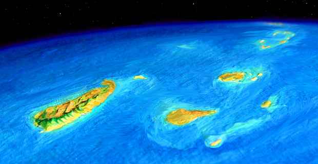 Low orbital view looking west down the length of the Tempest Islands, from Prospero (left) to the Ariel (blur on horizon), in the Gaiila region of Lyr, a model of a huge sea-world.