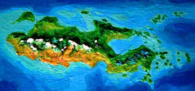 Orbital photo of Tyrlan from directly overhead, north to left. Tyrlan is an island larger than New Guinea in the Gaiila land-cluster, on Lyr, a world-building experiment.