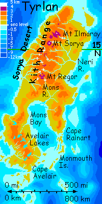 Map of Tyrlan, in the Gaiila land-cluster, on Lyr, a world-building experiment.