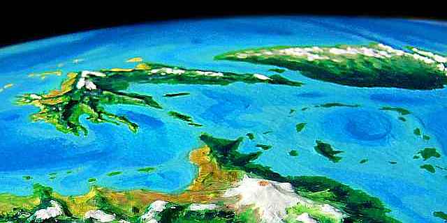 Low orbital photo of Polaris and Barbro (upper right and left), the Sunward Islands, and the icefields of Moonhorn Mtn in foreground, on Roland. The Roland Group is a subarctic archipelago on Lyr, a model of a huge sea-world.