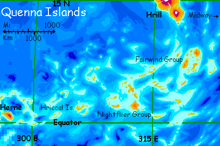 Map of the Quenna Islands, a twisting equatorial archipelago 3000 miles long, on Lyr, a world-building experiment. Click for orbital photo.