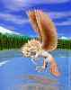 A pegasus, an intelligent, social herbivore of the subpolar zones of Lyr. A small, slender pony with paws not hooves, a short face with large eyes, and large white wings, hovering briefly over a lake; pine woods and snowy peaks behind. Based on a painting by Dena Parrish (LunaCat) of VCL.