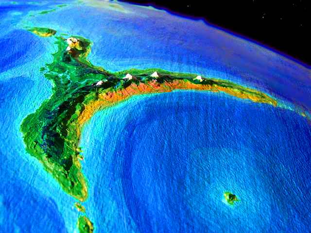 Low orbital photo looking east at Ikrananka, a small T-shaped continent on Lyr, a model of a huge sea-world. Click to enlarge.